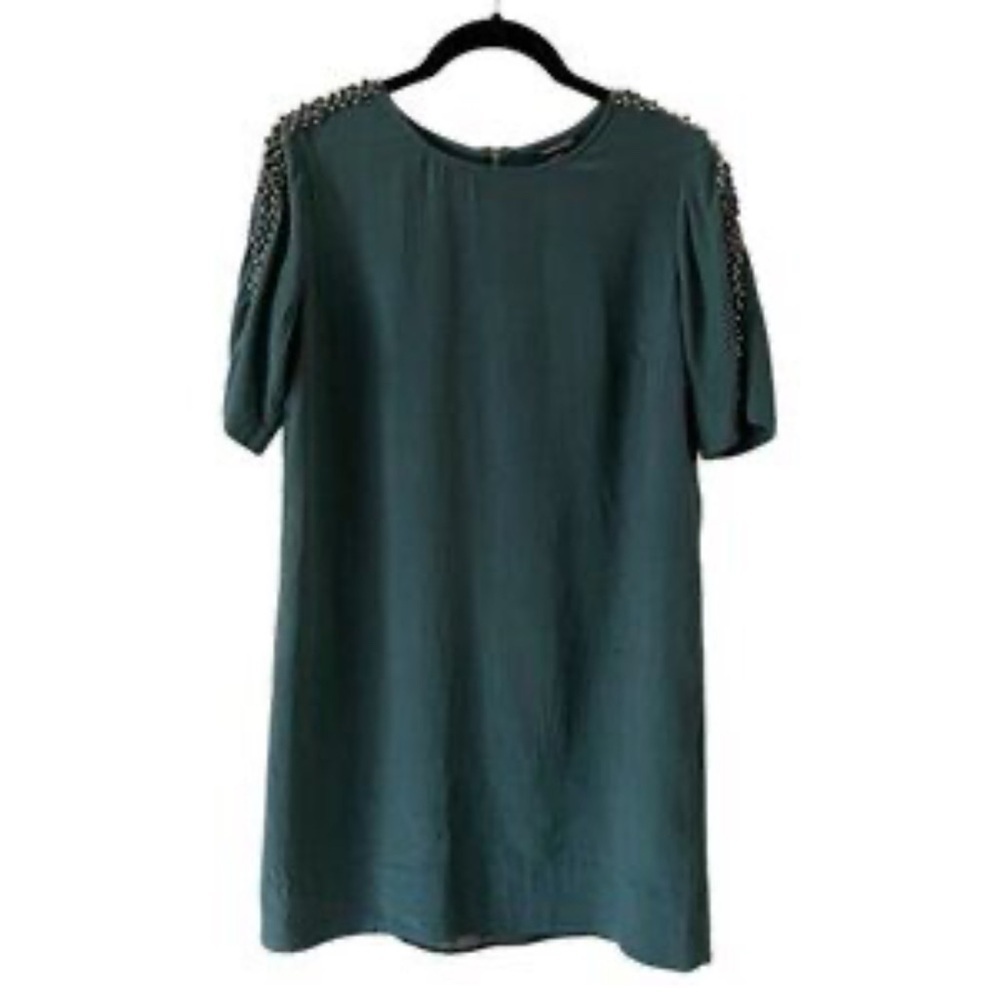 🌸Club Monaco Beaded Short Sleeve Round Neck Shift Mini Dress Moss 0 - Picture 4 of 9